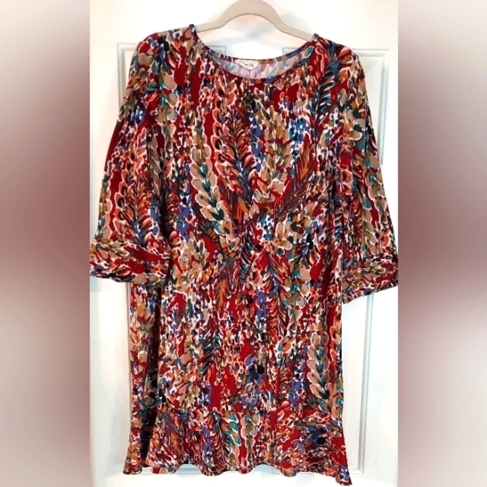 Beeson River Womens Maroon Floral Long Sleeve Ruffle Boho Mini Knit Dress.